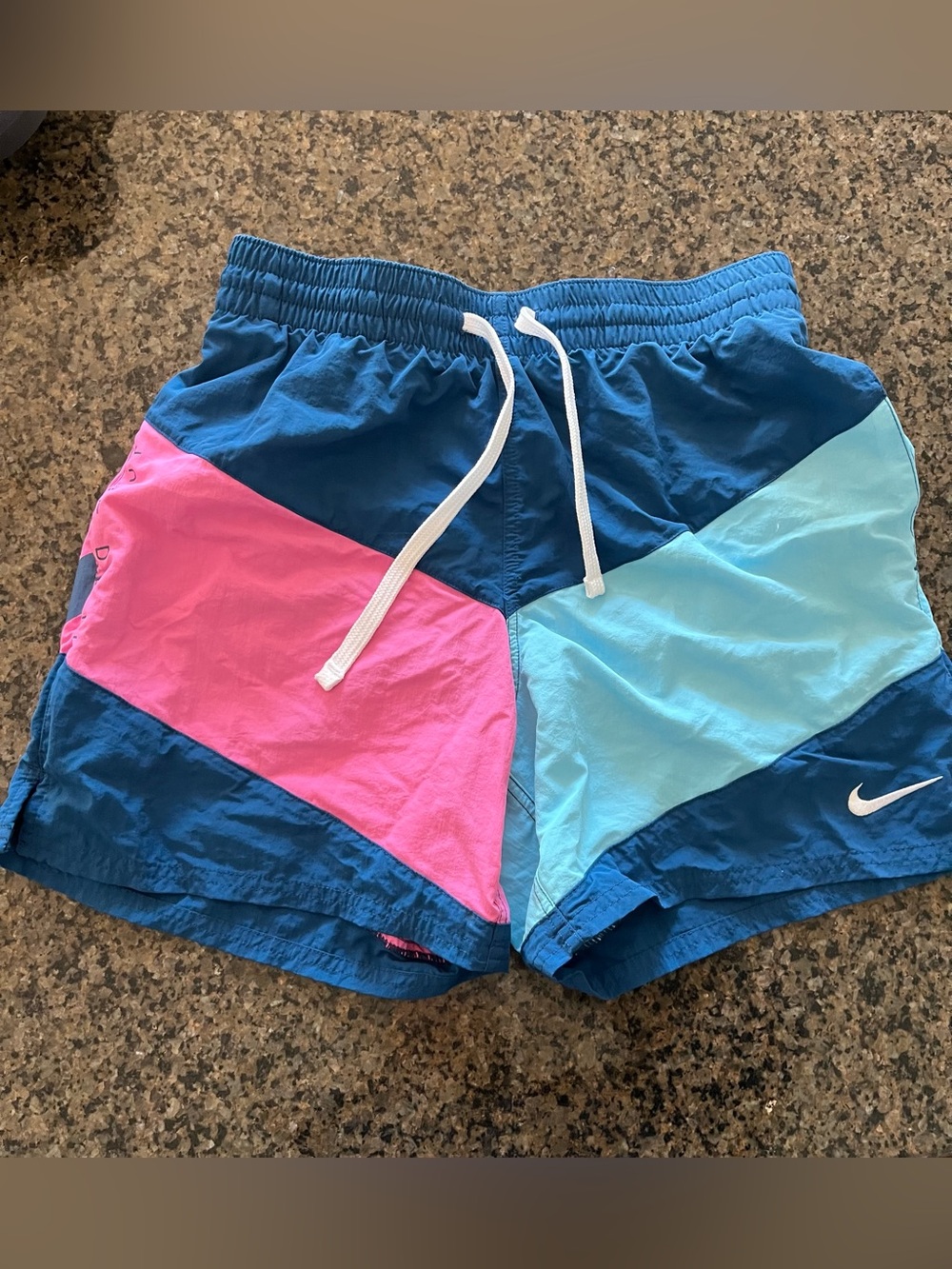 Nike Colorblock Blue Swim Shorts with Pink & Light Blue Panels Size Small